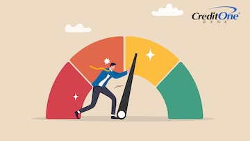 An illustrated man pushes the indicator needle from yellow to green on a large tachometer, a common symbol used to represent credit score ranges.