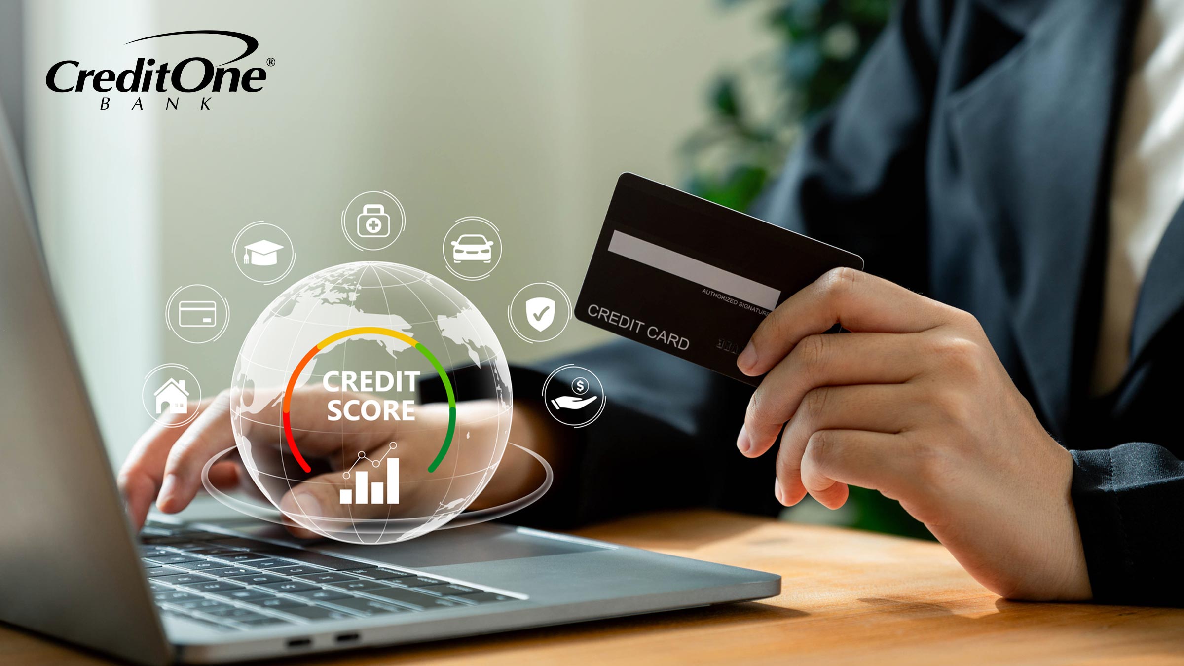 A business woman holds a credit card while using her laptop, and an image of a globe reading “credit score” is surrounded by icons of various financial aspects that could affect a credit score.