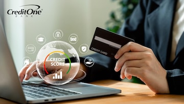 A business woman holds a credit card while using her laptop, and an image of a globe reading “credit score” is surrounded by icons of various financial aspects that could affect a credit score.