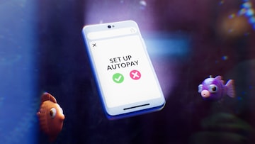 Credit Wreckers: Max Out & Miss Payment as fish swimming by a phone asking to setup Autopay